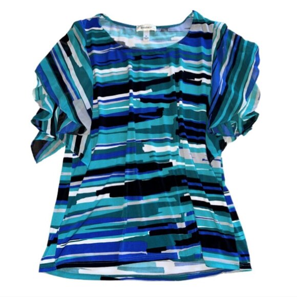 Dress Barn Women Medium Striped Blue Blouse Flutter Sleeves - Picture 1 of 10